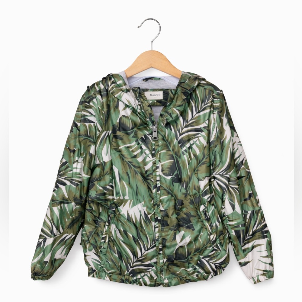 Mango Kids Tropical Print Windbreaker Jacket Hooded Green Girls Size 4T